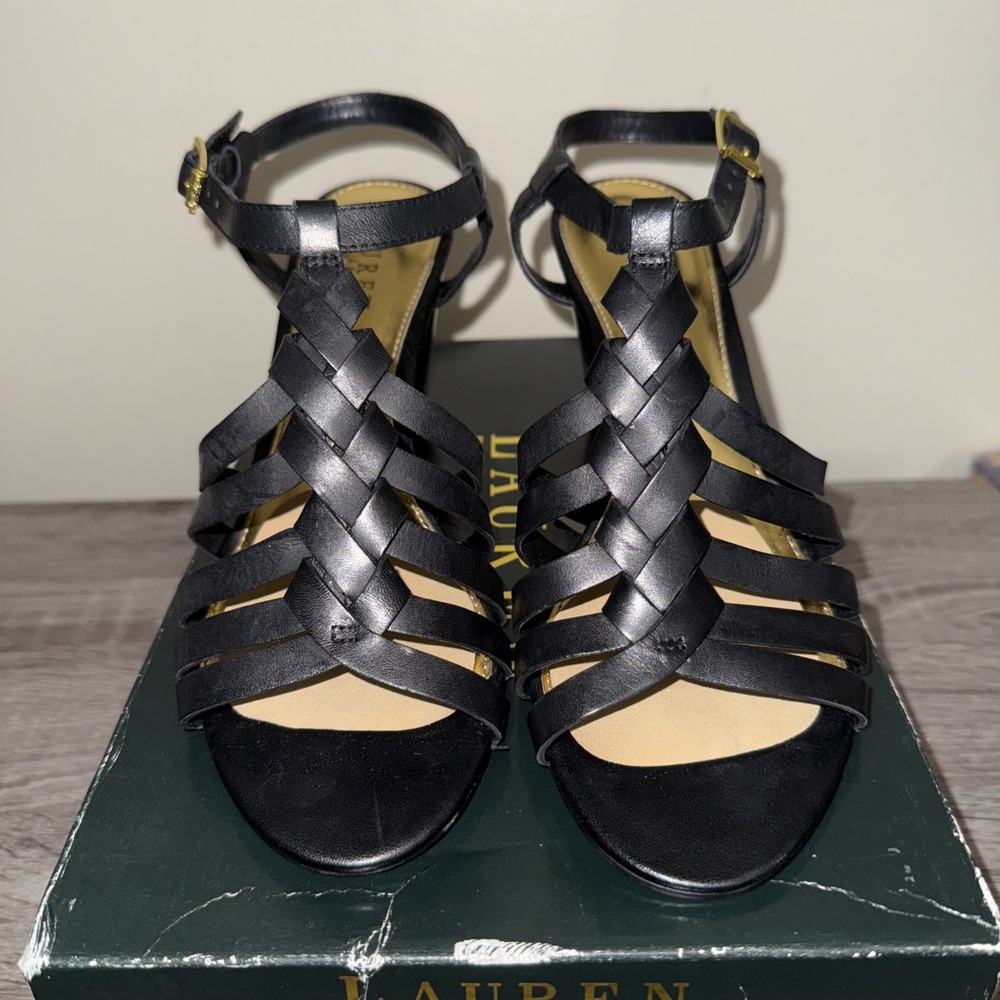 LAUREN RALPH LAUREN FRANCINE‎ Black Leather Designer Platform Sandals 10